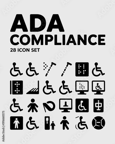 ADA Compliance Icon Set Illustration for Accessibility Applications, Including Disabilities Access, Accessible Design Standards, and Inclusive Solutions; Vector Signage for Public Spaces and Website G