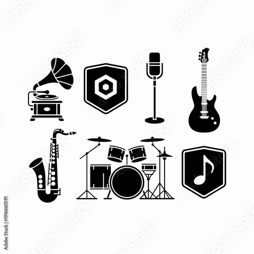 Vintage Music Instruments Collection: Icons of Sound Recording, Musical Performance in Retro Style, Saxophone, Guitar, Drums Set and Classic Microphone Design, for Musicians Equipment, Sound Studio Br