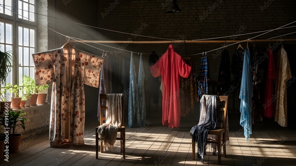 Fototapeta premium A sunlit room filled with hanging colorful robes, creating a serene and artistic scene