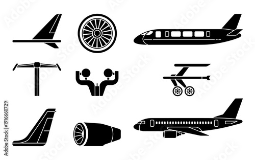 Airplane Parts Elements Vector Silhouettes Set Compilation Flying Aircraft Components Manufacturing Aviation Technology Aerospace Industry Jet Engine Wing Tail Rudder Landing Gear Cockpit Stabilizers
