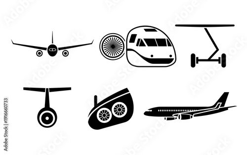 Transportation Icons Presenting Travel and Global Logistics: Black and White Aviation, Rail, and Maritime Silhouette Graphics for Modern Industry, Transport Network and Technological Progress,  Simple