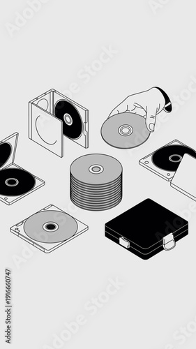 Isometric Compact Disc Organization: Compiling Music Collection for Portable Audio Device, Organizing Data Storage for Media Playback in Minimalist Workspace, Archiving Digital Content, Managing Backu