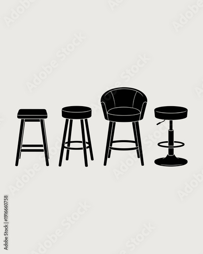 Four Black Stools Isolated on White Backdrop in Row: Bar Seating Ready for Guests, Counter Height Design Elements for Interior Decor, Kitchen Furnishings, Modern Minimalist Style, Café or Restaurant F