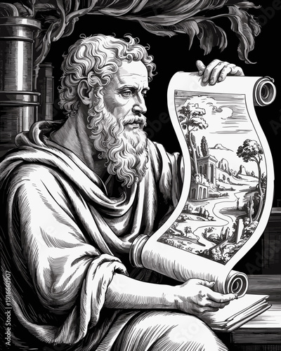 Philosopher Contemplating Landscape Scroll in Ancient Study: Scholar Examining Antiquities, Renaissance Art, Engraving Style, Classicism, Beard, Wisdom, History, Knowledge, Education, Contemplation, D