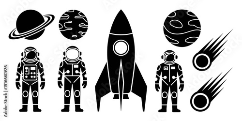 Space Exploration Icons Set: Astronauts Preparing for Interstellar Travel Aboard a Rocket, Exploring Planets and Comet, Cosmos Expedition, Space-Themed Silhouette Illustration for Science Education, S