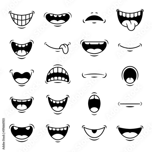 Cartoon Mouths Illustration: Expressive Facial Expressions for Animation & Design Projects, Comic Characters Portraying Joy, Anger & Surprise, Graphic Resource for Storytelling & Emoticons, Emotions P