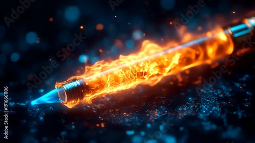 Glowing pen ignites flames against a dark backdrop
