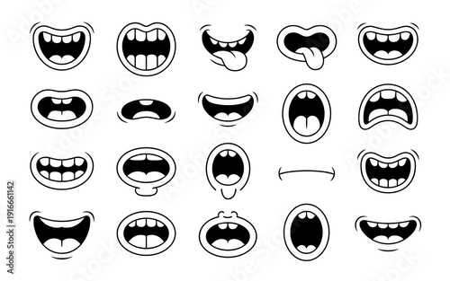 Cartoon Mouths Collection: Expressive Faces,  Various Expressions, Characters Conversation Elements, Comic Style Speech, Animation Emotion, Bold Line Art Style, Mascot Template, Talking, Mouth Movemen