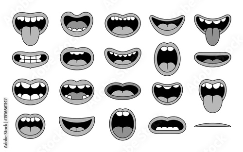 Cartoon Mouth Expressions Set: Animated Talking Emoticons for Character Design and Comic Illustration, Vector Lip Sync Collection for Children's Animation, Funny Creature Pouting, Smile, and Talking M