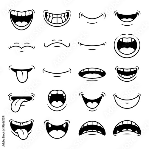 Cartoon Mouths Expressions Collection: Animated Facial Emotions Set for Character Design, Speech Bubbles Icon Pack, Comic Style Laughter and Scream, Funny Mouth Drawings Isolated, Graphic Comic, Emoti