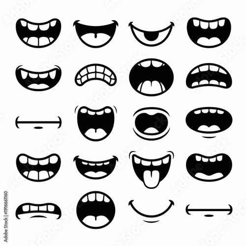 Cartoon Mouth Expressions Collection: Expressive Characters Showing Emotions in Animation, Comics, or Game Design, Conveying Speech, Laughter, Anger, Sadness in a Graphic Style for Kids Characters, Fu