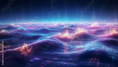 Digital Data Ocean with Light Waves Representing Big Data Flow, Artificial Intelligence Networks, and Futuristic Technology Landscape