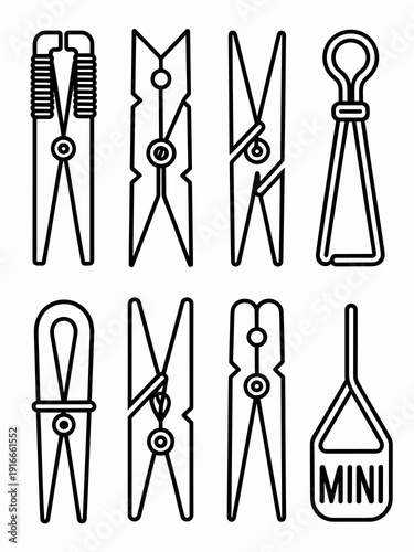 Clothes Pegs Line Art Collection: Laundry Day Essentials in Minimalist Style, Classic Clothespin Variety for Home Organization and Craft Projects, Nostalgic Simplicity in Black and White Renderings, I