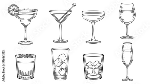 Row of Black and White Cocktail Glasses Illustration Ready for Drinks on Display for Restaurant Menu Design, Bar Advertisement, or Festive Celebration Decor, Drawn Style, Graphic Resource, Alcoholic B