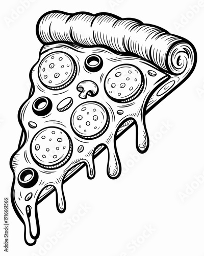 Detailed Pizza Slice Illustration with Dripping Cheese, Pepperoni, and Mushroom Toppings for Restaurant Menu Design, Food Blog Graphics, and Culinary Themed Projects. Bold Black and White Line Art Sty