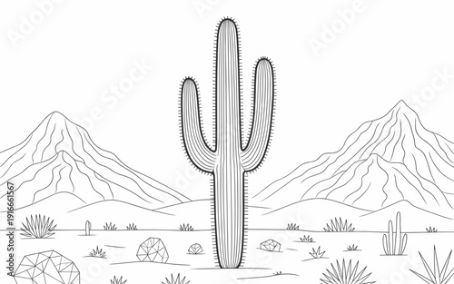 Detailed Cactus Line Art in Desert Landscape at Sunrise: Southwestern Scenery Illustration for Coloring Books, Artistic Projects, Nature Studies, Conservation Material, Geography, and Educational Mate