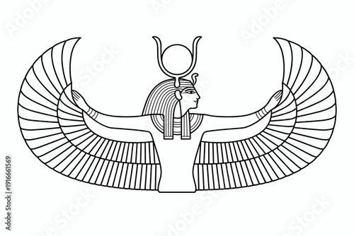 Ancient Egyptian Goddess Isis Protecting with Wings, Outlines for Coloring Book Page or Educational Infographic. Egyptian Mythology Vector Illustration for History Studies, Cultural Heritage Projects,