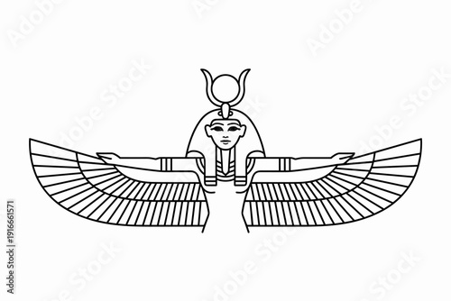 Egyptian Goddess Isis Spreading Wings Offering Protection, Ancient Mythology Drawing, Divine Feminine Figure, Conceptual Illustration for Faith and Spirituality, Mystical, Line Art Icon in Ornate Styl