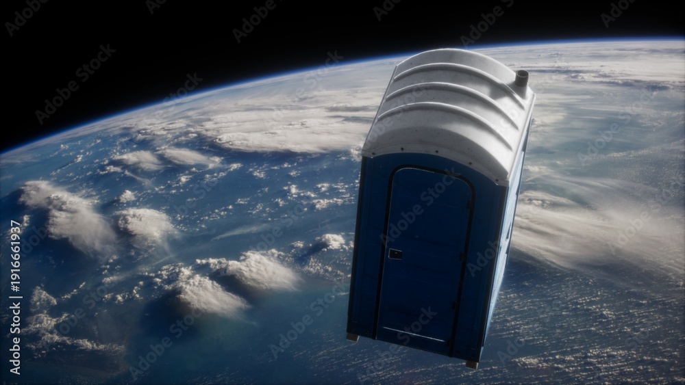 Φωτογραφία A unique scene shows a portable toilet suspended in the vastness of space, floating above a stunning view of Earth