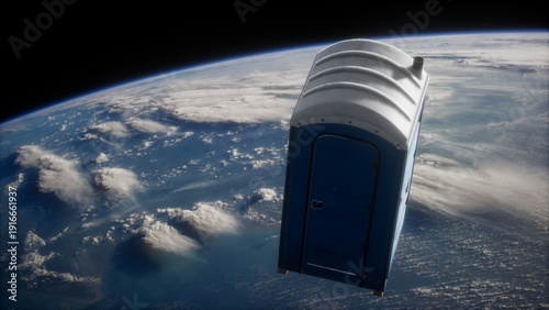 Принти на полотні A unique scene shows a portable toilet suspended in the vastness of space, floating above a stunning view of Earth