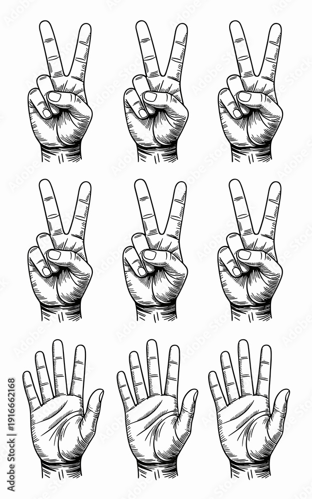 Fototapeta premium Vintage Hand Gestures Illustration: Symbolic Peace Sign, Victory Hand, and Open Palm Expressions in Woodcut Style on White Background – Conceptual Art for Communication, History Projects, Sign Languag