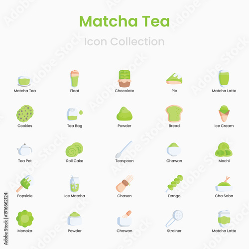 Matcha and green tea vector icons for cafe beverage and tea shop