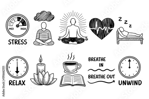 Stress Management Doodle Icons Visualizing Relaxation Techniques for Mental Wellness & Mindfulness to Reduce Anxiety & Promote Calm, Including Meditation, Sleep & Breathing Exercises in Black & White