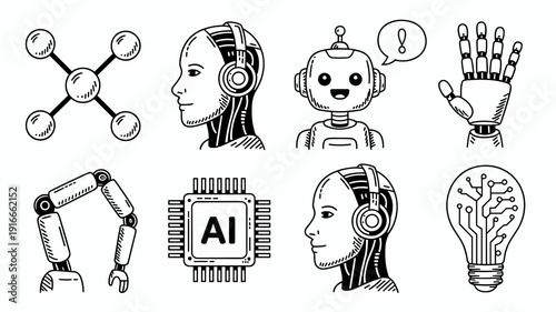 Robotics Innovaton: Machine Learning Brainstorming for Future Technology Development, Depicting Autonomous Systems, Engineering, Connectivity, Digital Advancement in a Clean, Minimalist Black and Whit