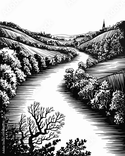 Ink Drawing of Rural Landscape Vista with Vineyard Fields and Charming Village View, Scenic River Flowing Amidst Lush Greenery for Travel Brochure, Wine Industry Material, Serene Getaway Visuals, Blac