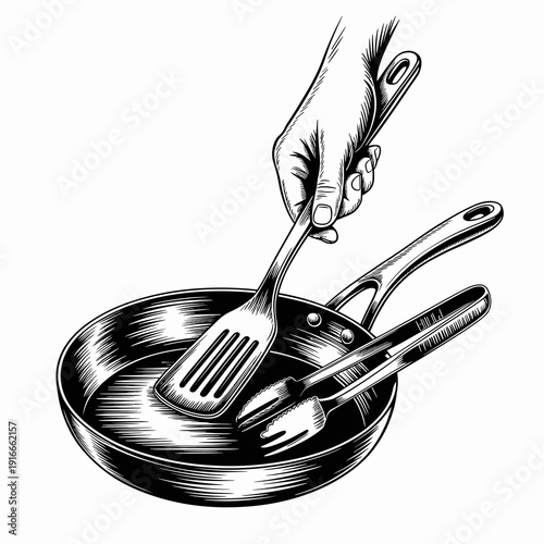 Hand Using Spatula in Kitchen to Cook Inside Frying Pan with Tongs, Preparing Meal, Food Preparation in Home Kitchen, Utensils for Cooking, Stirring, Culinary Concepts, Black and White Line Art Engrav