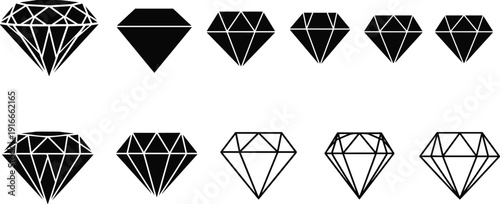 Black diamond silhouette icons set, sparkling gemstone shapes, luxury jewelry symbols, precious stone elements for fashion brand logo design projects,