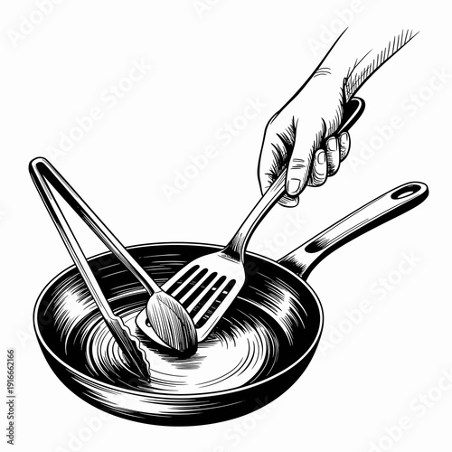 Cooking in a Pan with Spatula and Tongs: Preparing Food in the Kitchen for Culinary Arts, Gastronomy, Restaurant Recipes, or Home Cooking with Utensils in a Black and White Line Art Style Illustration