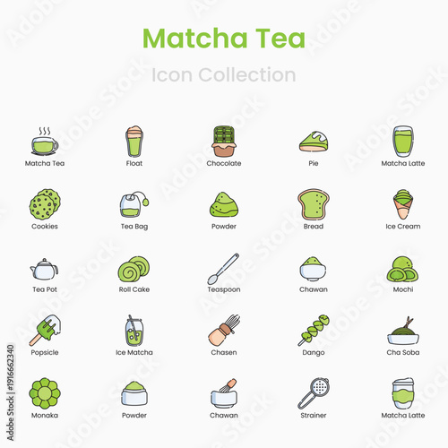 Matcha tea vector icons set with tea bowls whisk and powder
