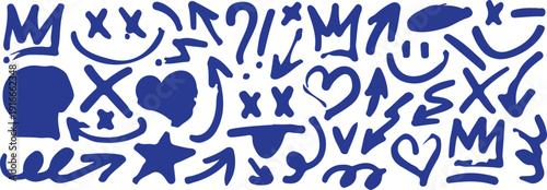 Blue hand drawn graffiti doodle elements set, spray paint style urban streetwear icons and symbols on white background