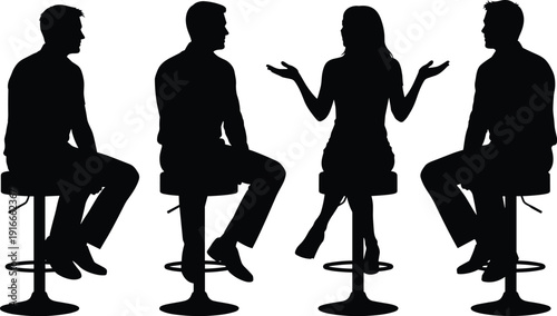 People sitting on bar stools talking and communicating silhouette set for social meeting discussion flavector vector illustration group of friends.
