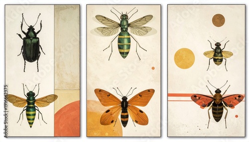 Cuadro en lienzo Vintage Insect Illustrations - A Detailed Look at Beetles, Wasps, and Moths