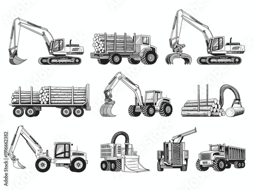 Forestry Equipment Vector Illustration: Logging Trucks Hauling Timber, Excavators Loading Logs in a Forest Environment for Sustainable Resource Management and Industrial Applications, Wood Industry Ar