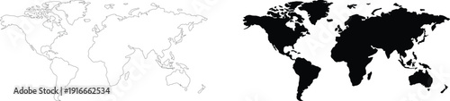 World map outline and black silhouette set, simplified global earth continents vector illustration on white background