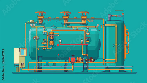 Stylized illustration of a complex industrial mechanical system with tanks, pipes, and gauges