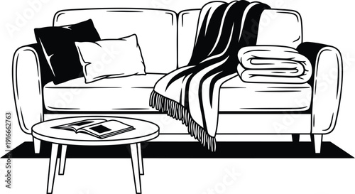 Modern living room sofa with coffee table including pillows blankets and open magazine layout comfortable home interior furniture scene for decoration.