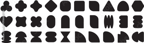 Black geometric shapes and abstract brutalist elements set, minimalist silhouette icons and symbols isolated on white background