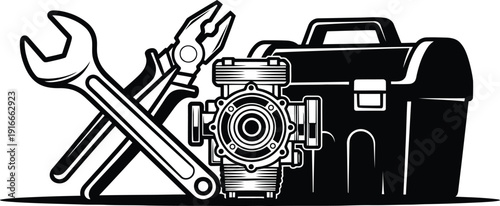 Mechanical tool kit silhouette featuring wrench pliers metal parts and professional toolbox for repair and maintenance service equipment industry concept.