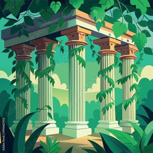 Ancient stone pillars ruins covered with green vines in a lush forest