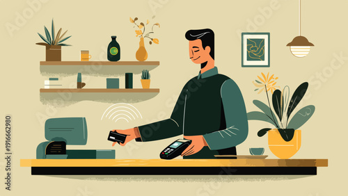 A smiling person makes a contactless payment at a counter in a room with plants and art