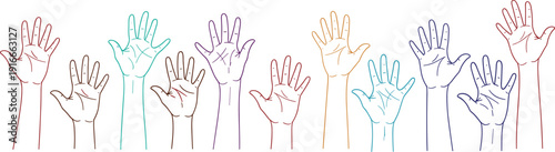 Wallpaper Mural Vector illustration of colorful raised hands symbolizing unity, diversity, inclusivity, participation, culture, community, education, and social values Torontodigital.ca