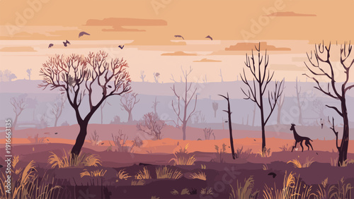 A silhouetted deer walks through a desolate landscape with bare trees and birds