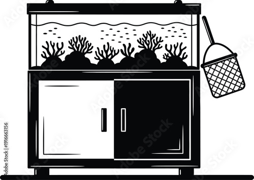 Aquarium vector icon flat style illustration isolated on transparency background, fish tank with underwater coral and net, pet shop concept.