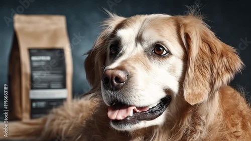 Golden retriever with coffee bag in soft lighting