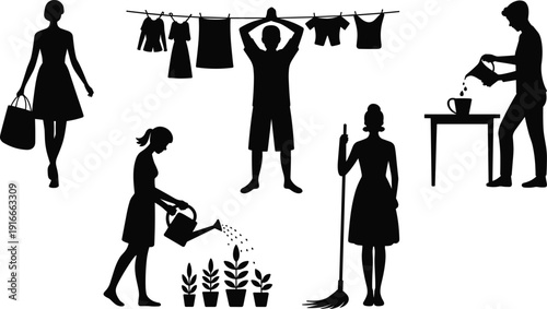 Household Chores Silhouette Set Showing Daily Home Activities Like Cleaning, Laundry, Gardening and Cooking, Black Family Lifestyle Figures for Domestic Life Design