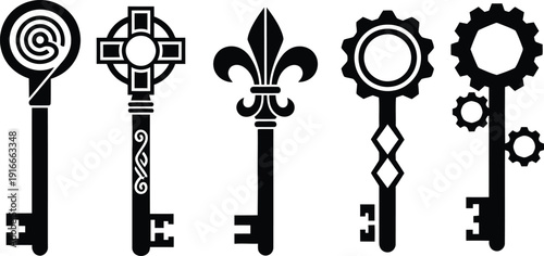 Fantasy keys vector set flat style illustration isolated on transparency background, various shapes antique mystic elements for app and web ui.